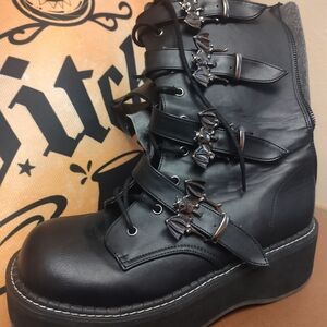 Women's Black Platform Lace-Up Boots with Bat Buckles by Demonia, Size 10